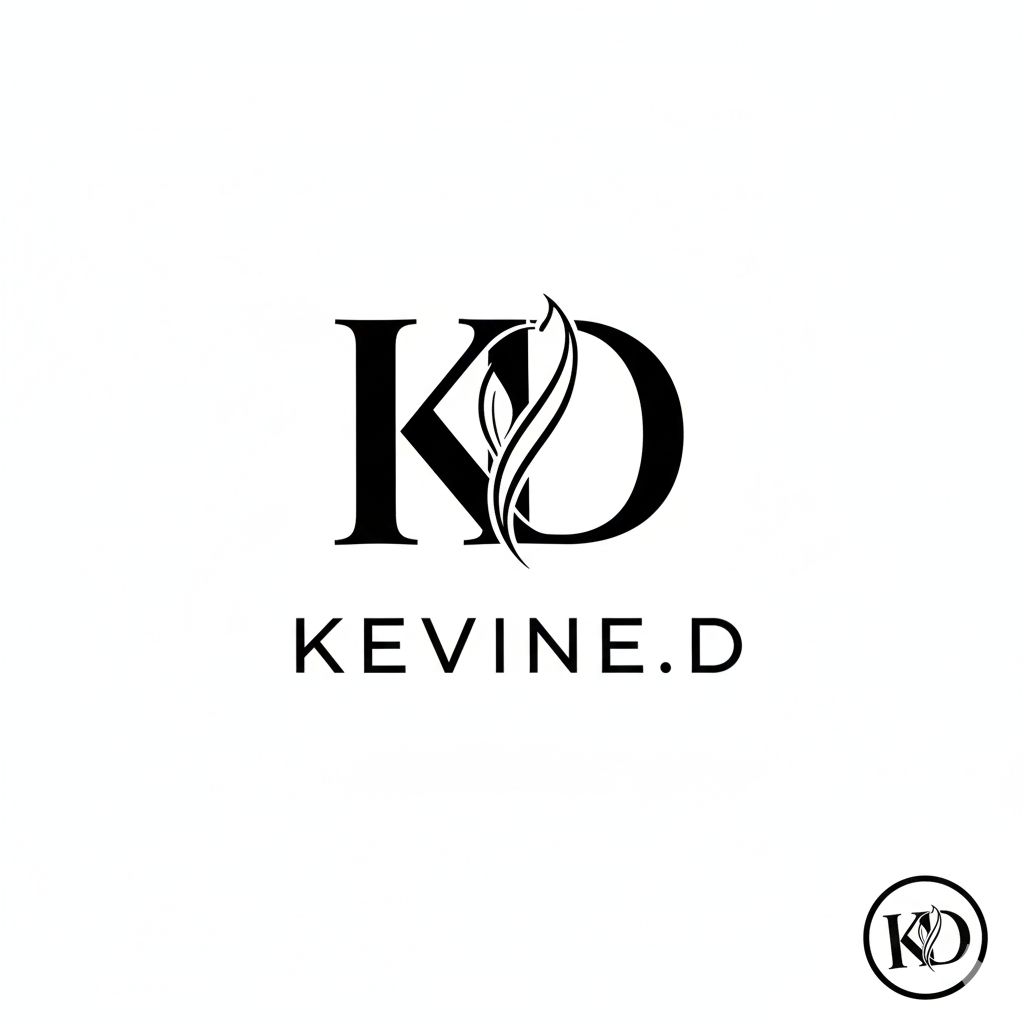Logo de Kevine.D, marque de produits de beauté élégante, en noir et blanc, avec les initiales K et D entrelacées par un motif floral stylisé.